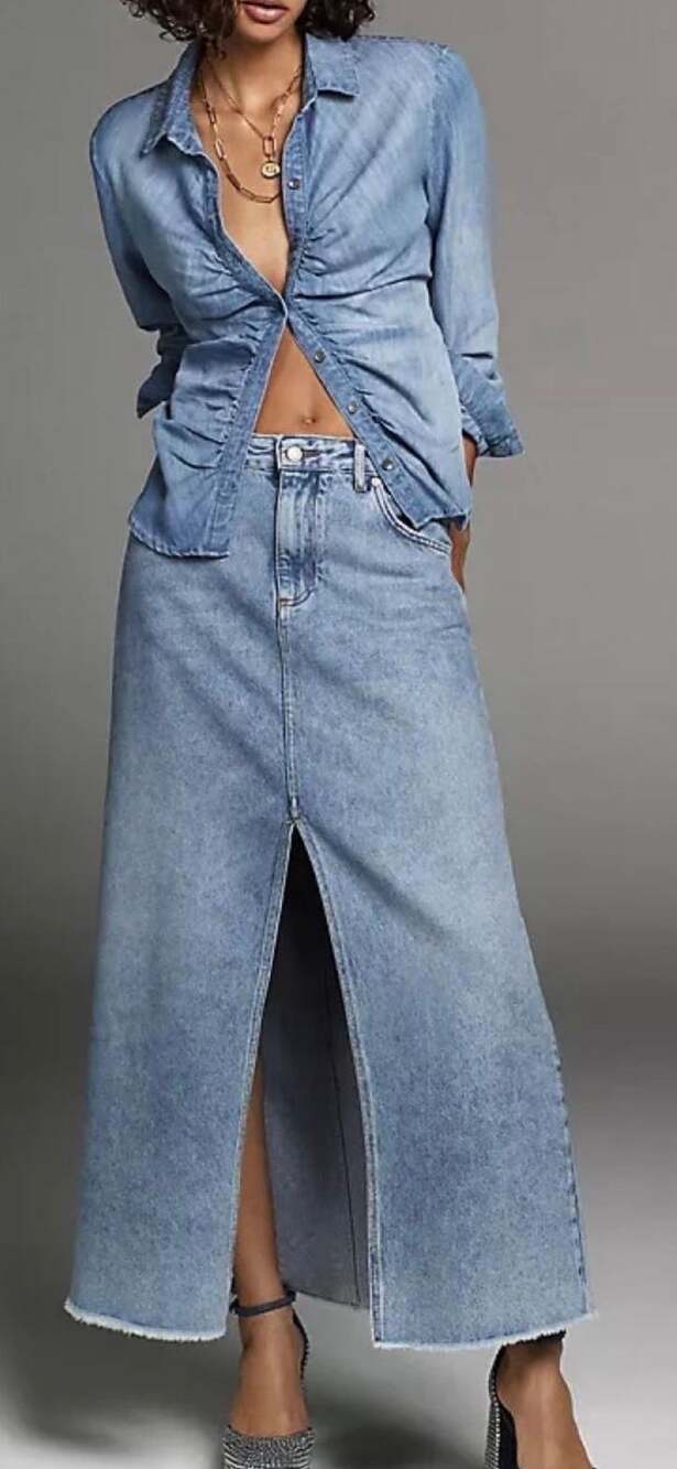 Anthropologie Pilcro Madi Front Slit Raw Hem Denim Maxi Skirt Size 10